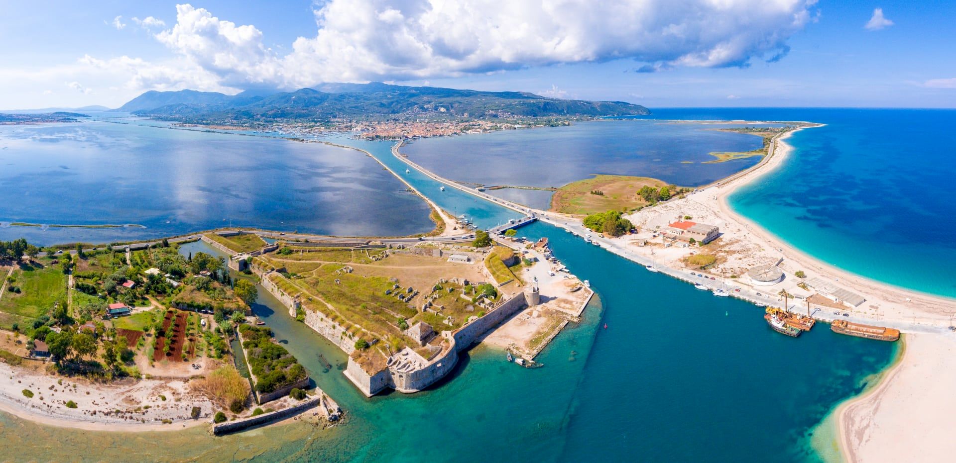 Aerial view of Agia Mavra fort, the canal, the lagoon and Lefkada town